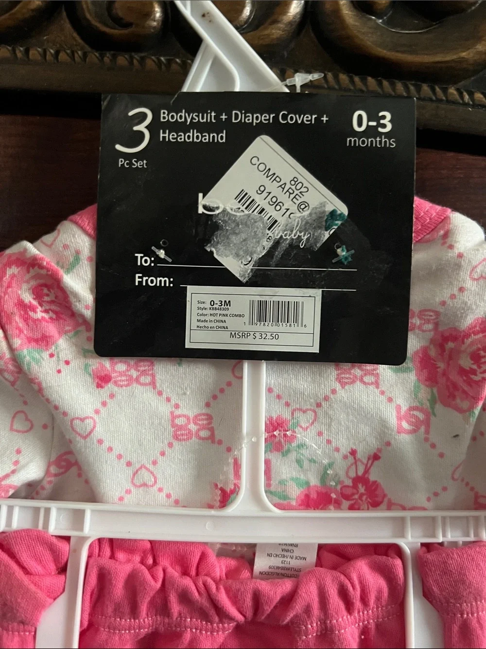 bebe Pink and White Baby Girls 3-Piece Bodysuit Set with Headband